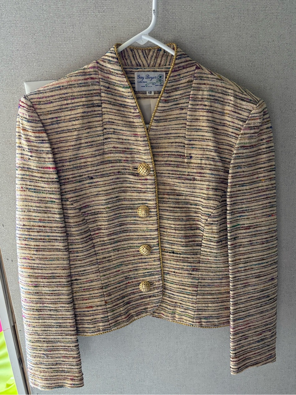 VTG 90s Gay Boyer 100% Raw Silk Metallic Multicolor Crop Blazer Jacket 12